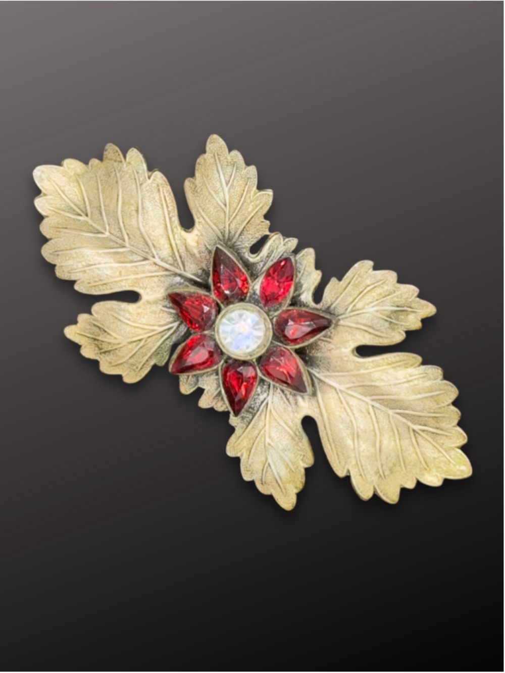Vintage Gold-Tone Leaf Brooch with Red Rhinestone Flower
